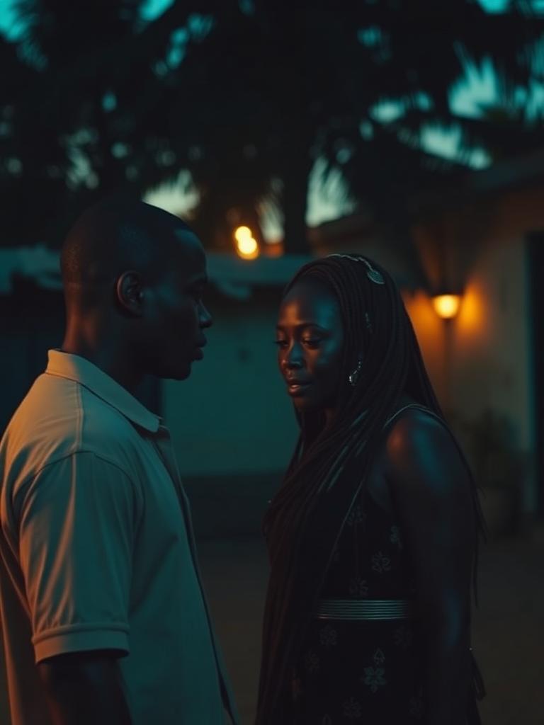 Frame from an AI-generated Nollywood drama scene at dusk